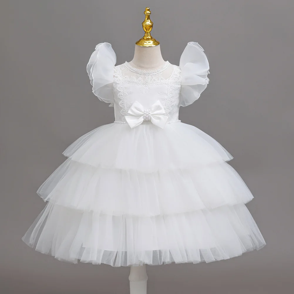 Girls Princess Dress Layered Tulle Lace Puff Sleeve Bow 3-8T Kids Birthday Wedding Flower Girl Party Pageant Gown