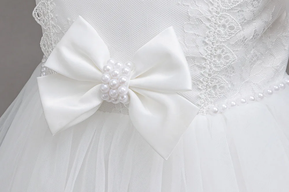 Girls Princess Dress Layered Tulle Lace Puff Sleeve Bow 3-8T Kids Birthday Wedding Flower Girl Party Pageant Gown