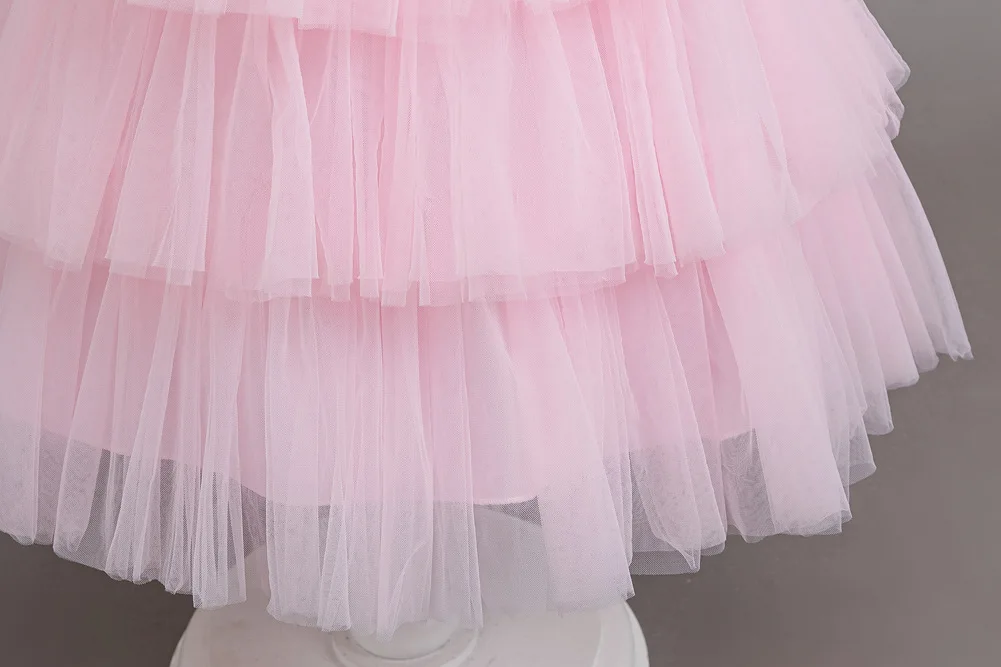 Girls Princess Dress Layered Tulle Lace Puff Sleeve Bow 3-8T Kids Birthday Wedding Flower Girl Party Pageant Gown