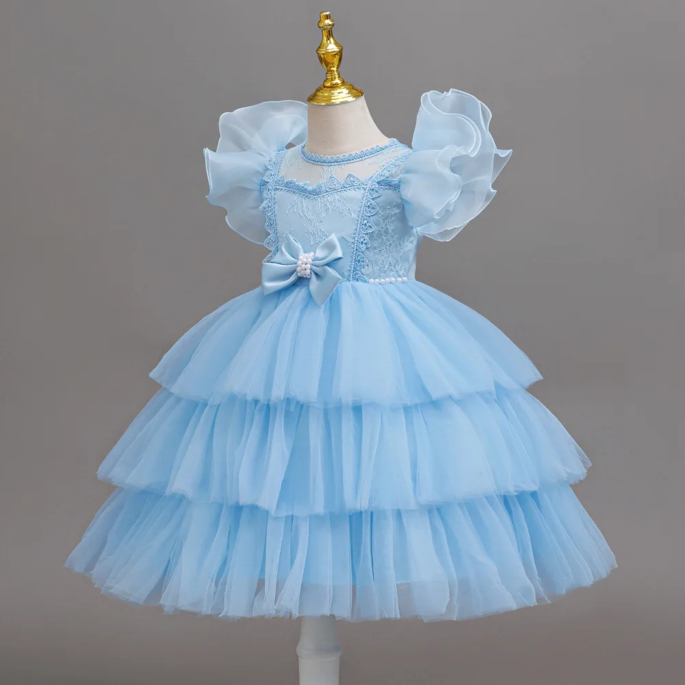 Girls Princess Dress Layered Tulle Lace Puff Sleeve Bow 3-8T Kids Birthday Wedding Flower Girl Party Pageant Gown
