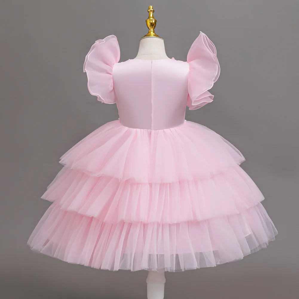 Girls Princess Dress Layered Tulle Lace Puff Sleeve Bow 3-8T Kids Birthday Wedding Flower Girl Party Pageant Gown
