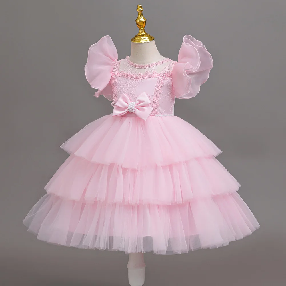 Girls Princess Dress Layered Tulle Lace Puff Sleeve Bow 3-8T Kids Birthday Wedding Flower Girl Party Pageant Gown