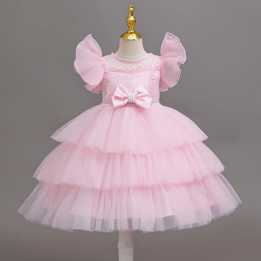 Girls Princess Dress Layered Tulle Lace Puff Sleeve Bow 3-8T Kids Birthday Wedding Flower Girl Party Pageant Gown