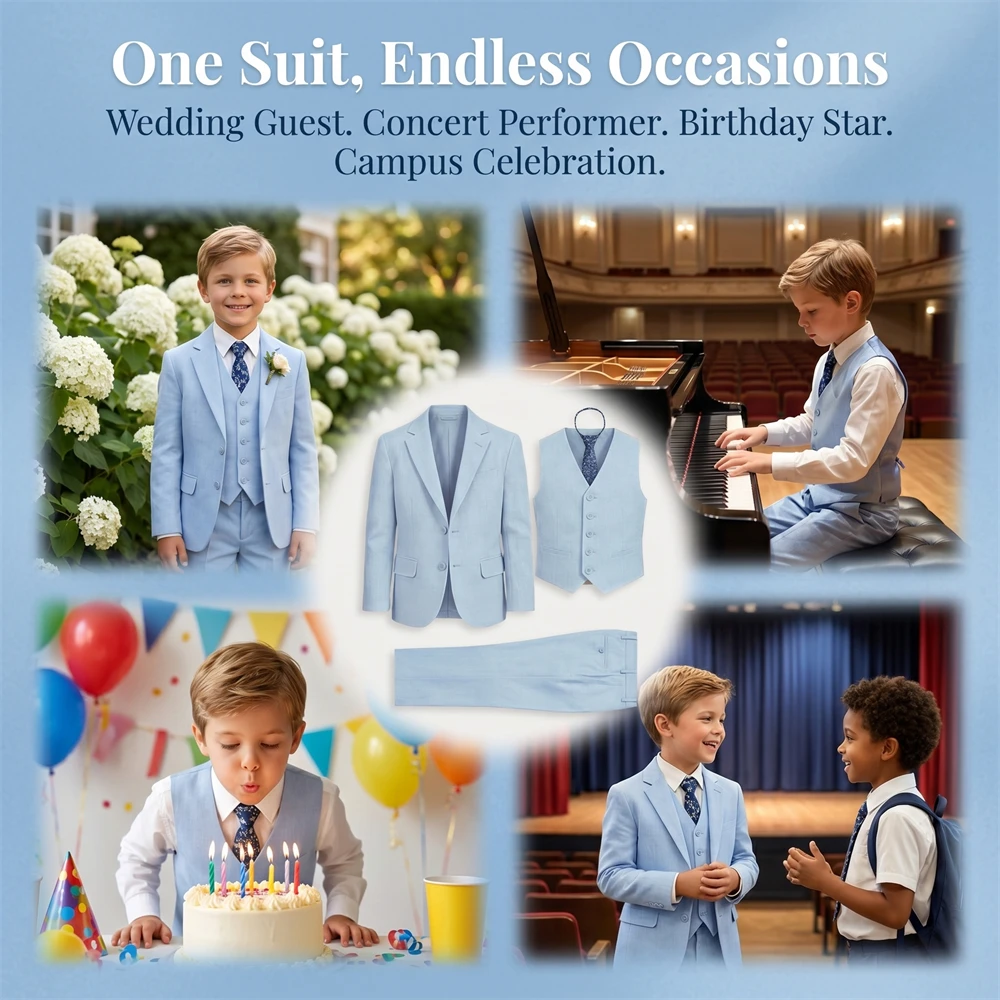24h SHIP 5 PCS Boy's Linen Suit Set, Breathable & Lightweight Kid Formal Suit for Wedding, Communion, Homecoming, Birthday Party