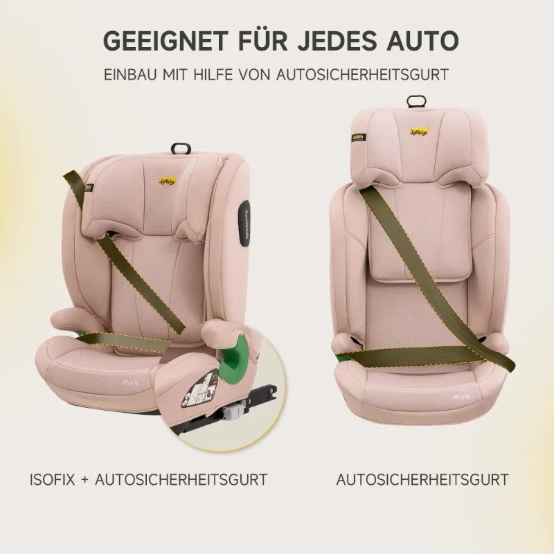 The I-Size R129 Child Car Seat Is Suitable for Children Aged 3.5 To 12 Years (100-150 Cm). It Features An Adjustable Backrest, Headrest, Side Impact Protection, Lightweight Design, and ISOFIX Reclining Function.