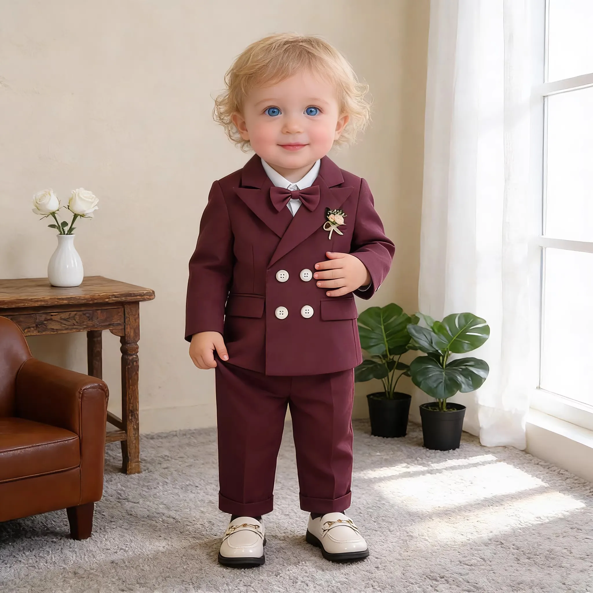 Little Kids Navy Blue 5Pieces Jacket Vest Pants Bowtie Flower Wedding Dress Boys Birthday Gift Suit Children Ceremony Costume
