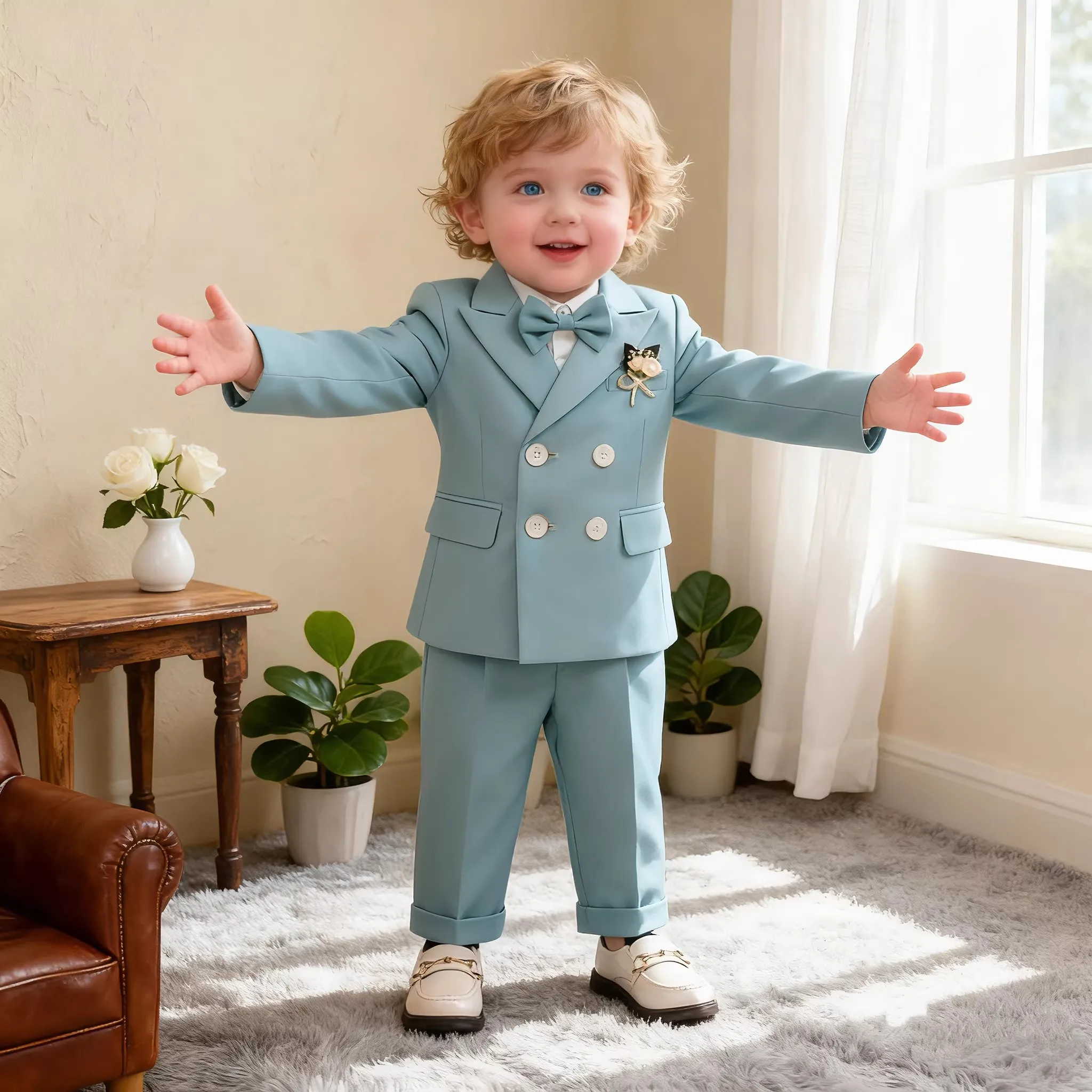 Little Kids Navy Blue 5Pieces Jacket Vest Pants Bowtie Flower Wedding Dress Boys Birthday Gift Suit Children Ceremony Costume