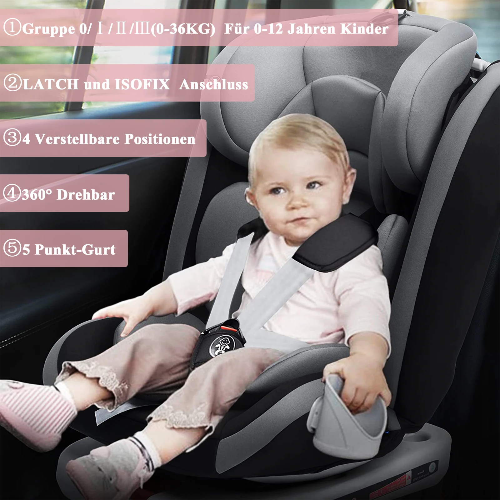 AP03 Child Car Seat 360° Rotating 5-Point Belt 9-36kg 0-12 Years ECE ISOFIX Child Safety Seat KL005