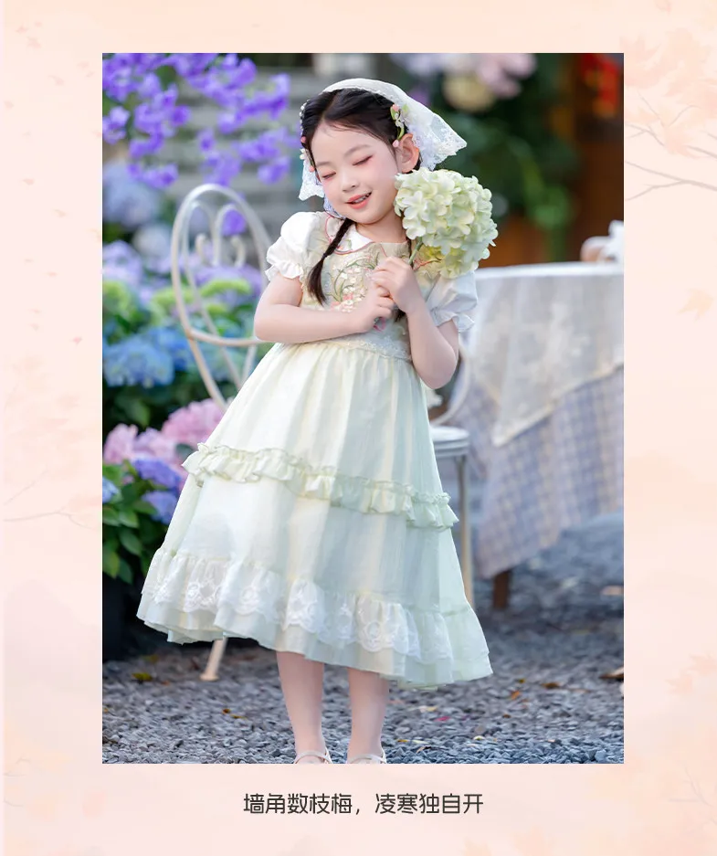 Sweet Baby Girls Summer 2026 New Lolita Princess Dress Kids High End Chinese Floral Embroidery Doll Collar Puff Sleeve Dress