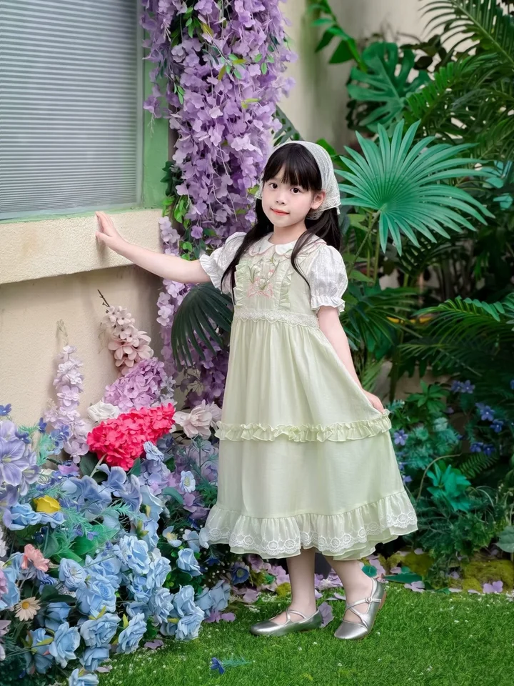 Sweet Baby Girls Summer 2026 New Lolita Princess Dress Kids High End Chinese Floral Embroidery Doll Collar Puff Sleeve Dress