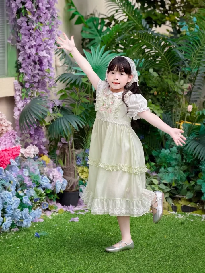 Sweet Baby Girls Summer 2026 New Lolita Princess Dress Kids High End Chinese Floral Embroidery Doll Collar Puff Sleeve Dress