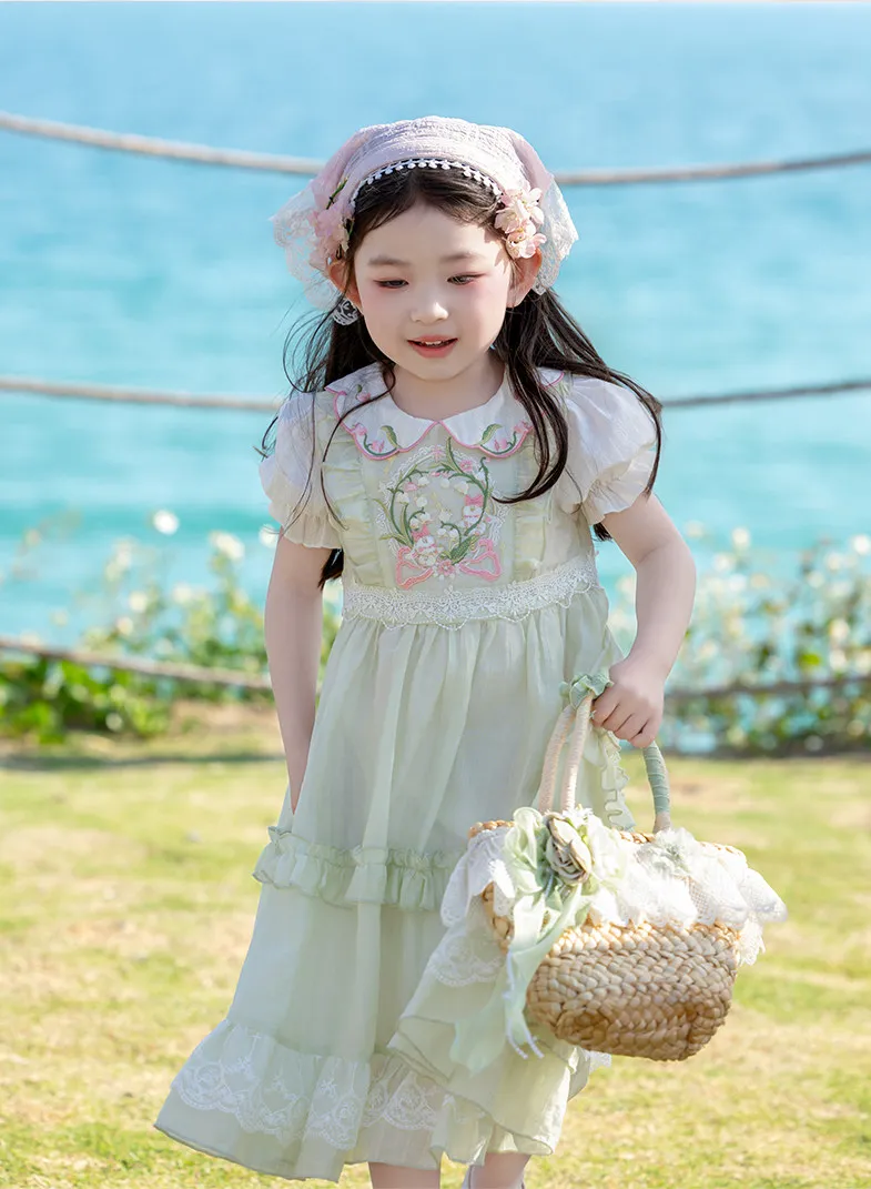 Sweet Baby Girls Summer 2026 New Lolita Princess Dress Kids High End Chinese Floral Embroidery Doll Collar Puff Sleeve Dress