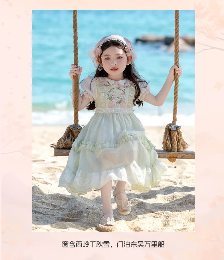 Sweet Baby Girls Summer 2026 New Lolita Princess Dress Kids High End Chinese Floral Embroidery Doll Collar Puff Sleeve Dress