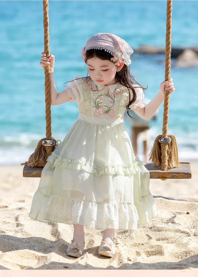 Sweet Baby Girls Summer 2026 New Lolita Princess Dress Kids High End Chinese Floral Embroidery Doll Collar Puff Sleeve Dress