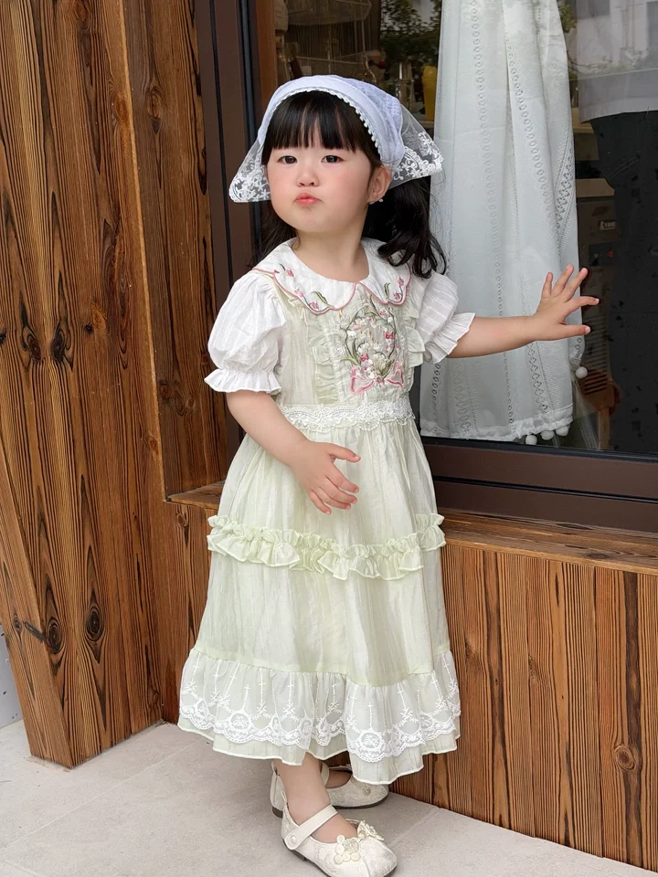 Sweet Baby Girls Summer 2026 New Lolita Princess Dress Kids High End Chinese Floral Embroidery Doll Collar Puff Sleeve Dress