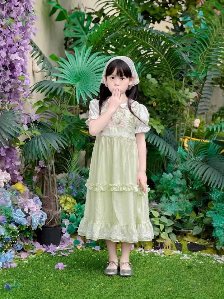 Sweet Baby Girls Summer 2026 New Lolita Princess Dress Kids High End Chinese Floral Embroidery Doll Collar Puff Sleeve Dress