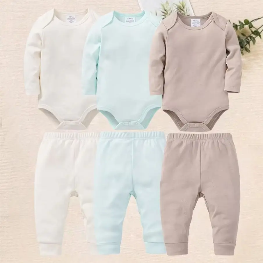 Kavkas 6Pcs Baby Bodysuit & Pants Set Soft Cotton Long Sleeve Onesies + Trousers Newborn Basic Daily Wear Outfits for Baby Boys