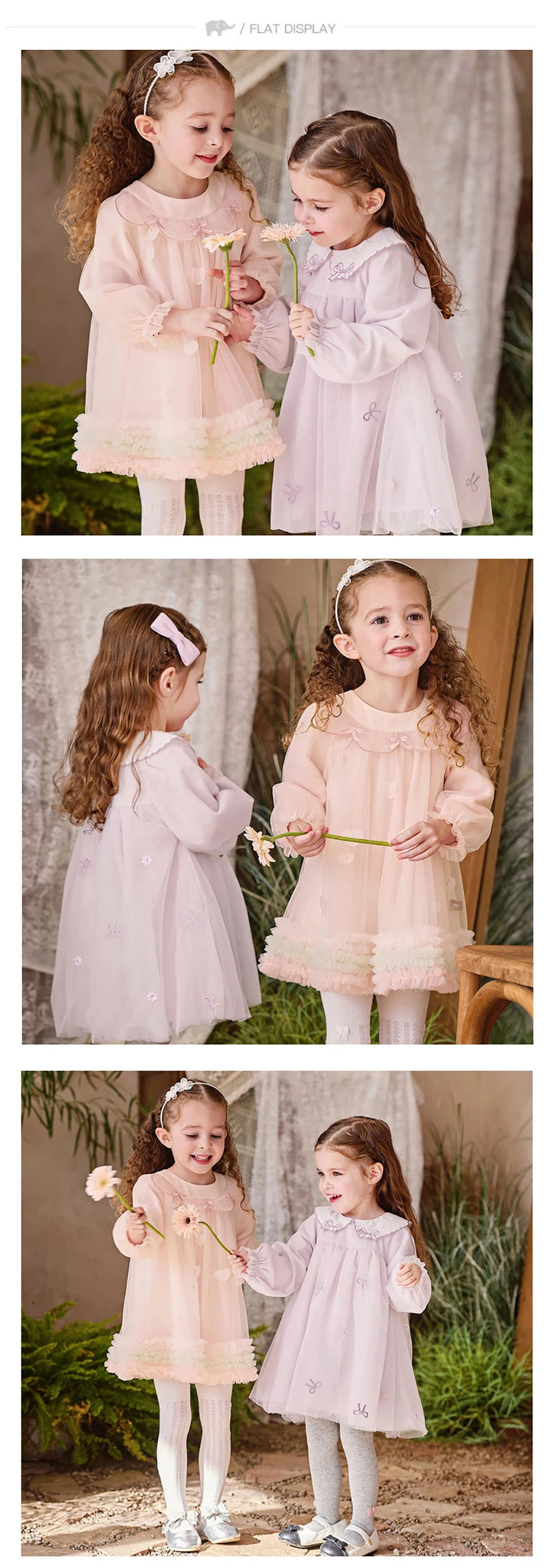 Dave Bella Children Princess Mesh Dress Girls Spring Long Sleeve Elegant Dress Sweet Outdoor Party Clothes DB1260591/DB1261889