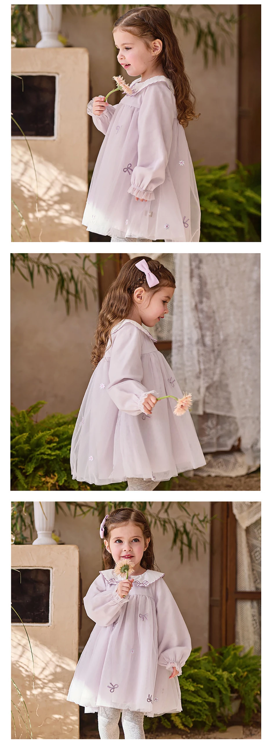 Dave Bella Children Princess Mesh Dress Girls Spring Long Sleeve Elegant Dress Sweet Outdoor Party Clothes DB1260591/DB1261889