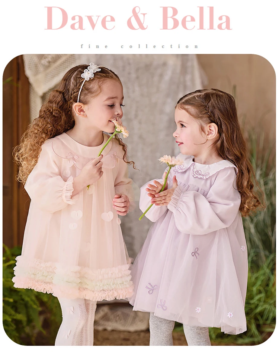 Dave Bella Children Princess Mesh Dress Girls Spring Long Sleeve Elegant Dress Sweet Outdoor Party Clothes DB1260591/DB1261889