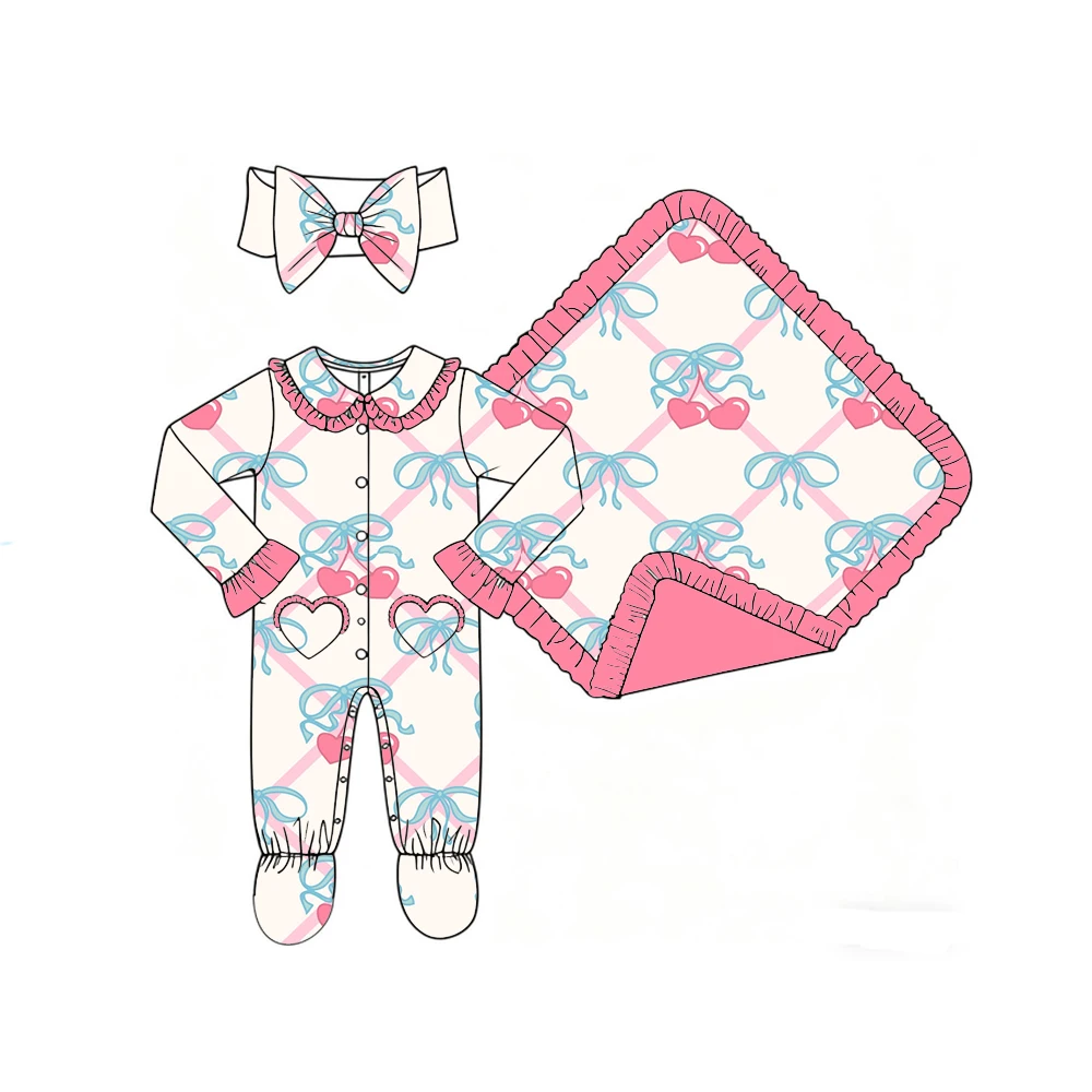 Boutique Boys' Girls' Blanket and Romper Lapel Ruffle Buttons Love Pocket and Binding Feet Fruit Bow Print Customizable Patterns