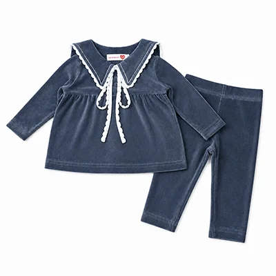 Kids Velour Clothing Set Fall/Winter Collection Black/Navy Boy And Girl Outfit with Contrast Ribbons Edges Family Matching Dress