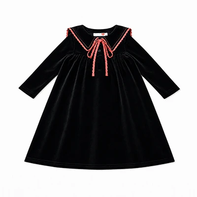 Kids Velour Clothing Set Fall/Winter Collection Black/Navy Boy And Girl Outfit with Contrast Ribbons Edges Family Matching Dress