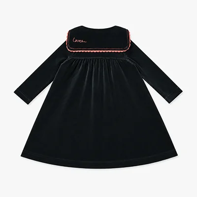 Kids Velour Clothing Set Fall/Winter Collection Black/Navy Boy And Girl Outfit with Contrast Ribbons Edges Family Matching Dress