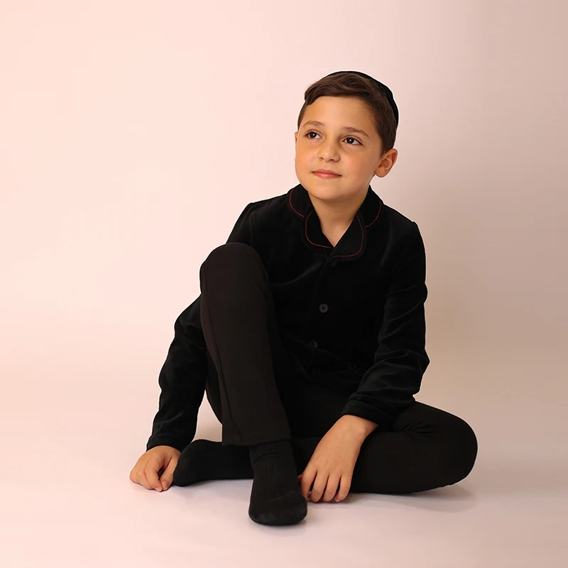 Kids Velour Clothing Set Fall/Winter Collection Black/Navy Boy And Girl Outfit with Contrast Ribbons Edges Family Matching Dress