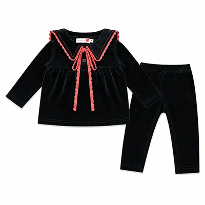 Kids Velour Clothing Set Fall/Winter Collection Black/Navy Boy And Girl Outfit with Contrast Ribbons Edges Family Matching Dress