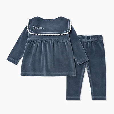 Kids Velour Clothing Set Fall/Winter Collection Black/Navy Boy And Girl Outfit with Contrast Ribbons Edges Family Matching Dress