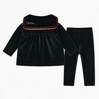 Kids Velour Clothing Set Fall/Winter Collection Black/Navy Boy And Girl Outfit with Contrast Ribbons Edges Family Matching Dress
