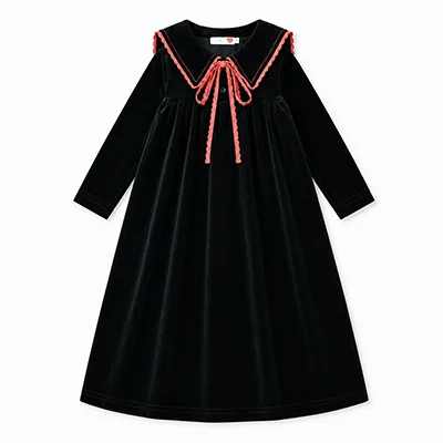 Kids Velour Clothing Set Fall/Winter Collection Black/Navy Boy And Girl Outfit with Contrast Ribbons Edges Family Matching Dress