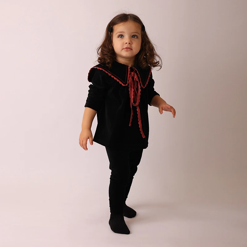 Kids Velour Clothing Set Fall/Winter Collection Black/Navy Boy And Girl Outfit with Contrast Ribbons Edges Family Matching Dress