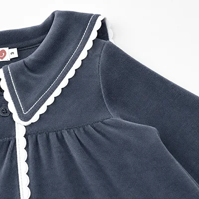 Kids Velour Clothing Set Fall/Winter Collection Black/Navy Boy And Girl Outfit with Contrast Ribbons Edges Family Matching Dress
