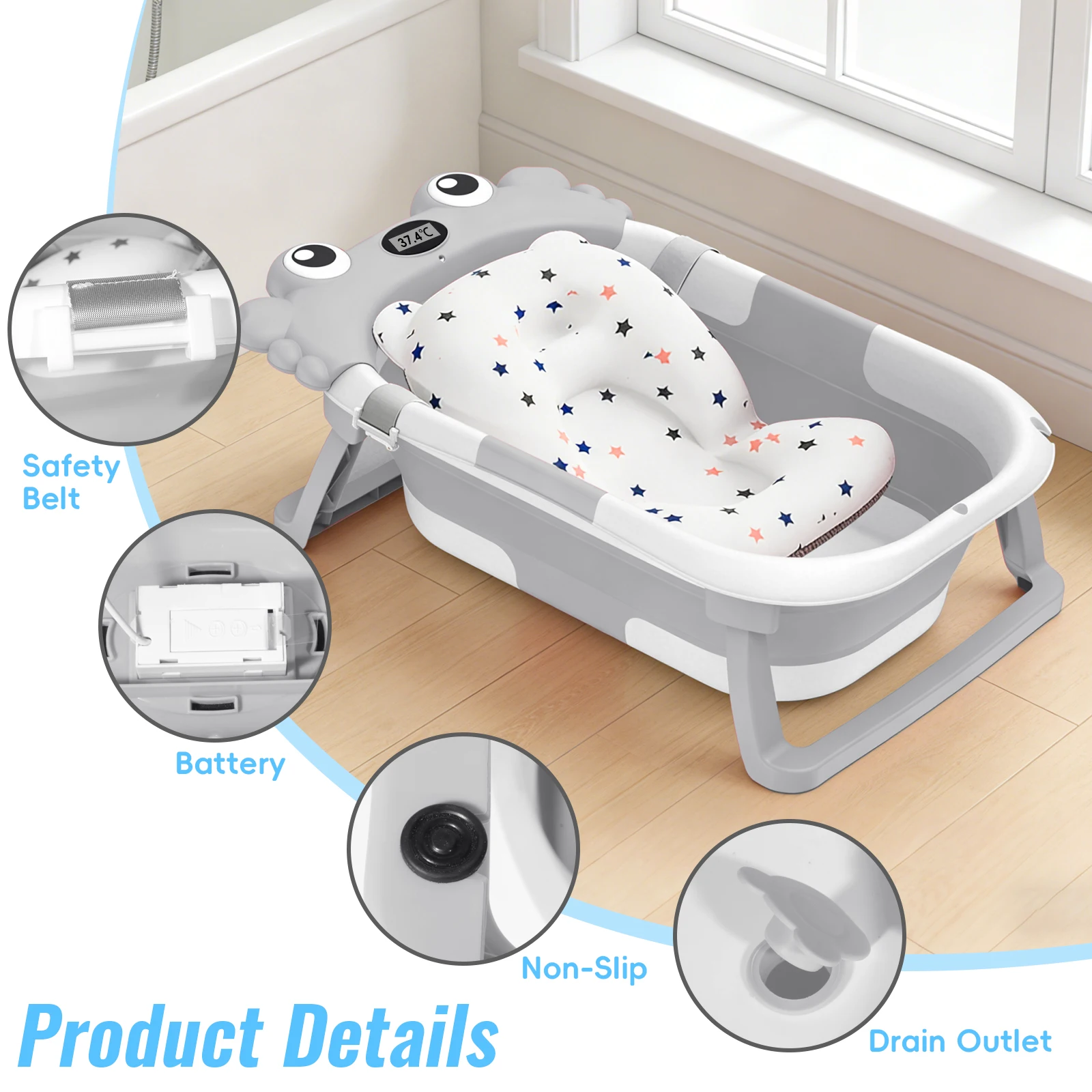 Crab Cartoon Collapsible Baby Bathtub for Newborn with Thermometer & Soft Floating Cushion for Newborn Baby Bath Tub,Infant Bath Tub with bath mat