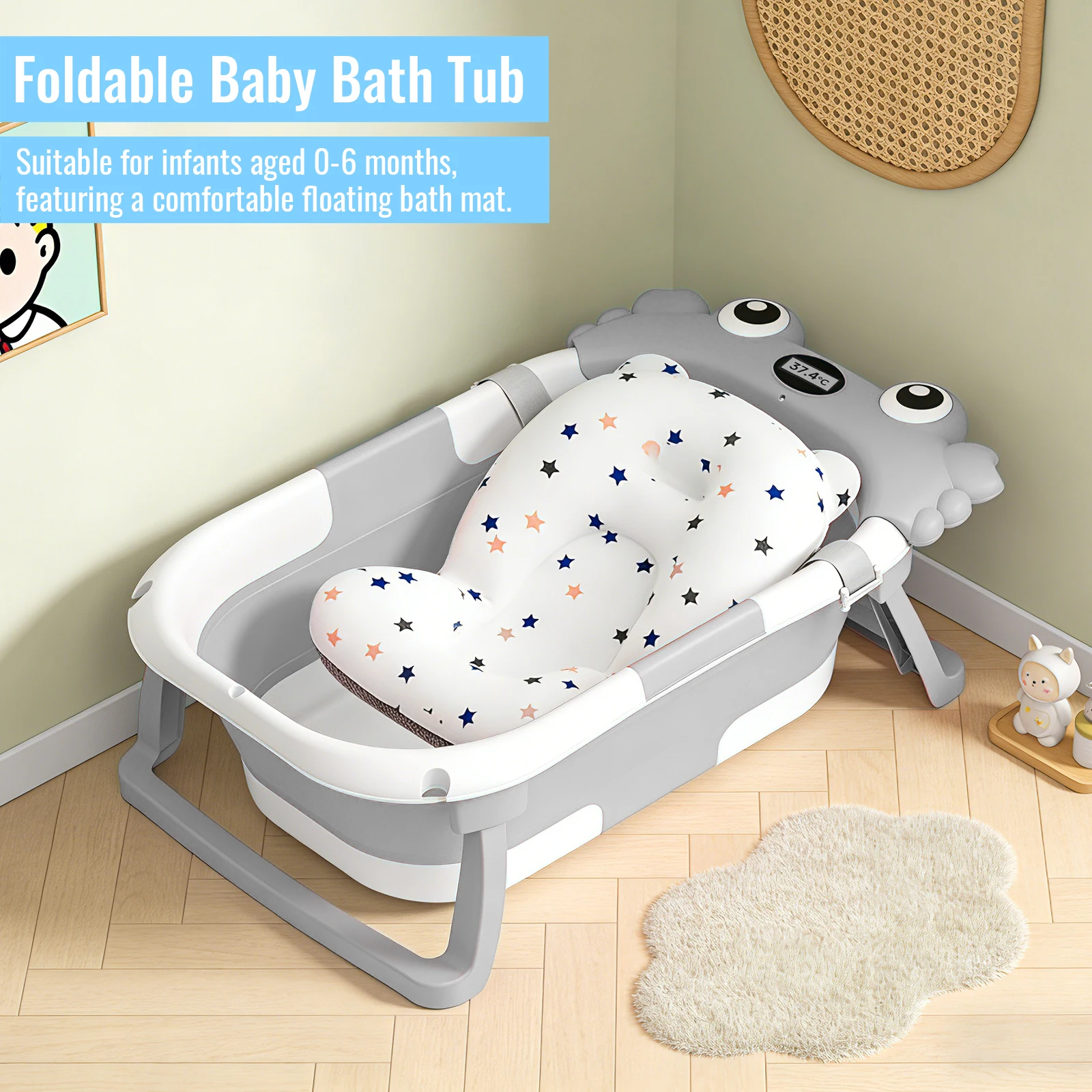 Crab Cartoon Collapsible Baby Bathtub for Newborn with Thermometer & Soft Floating Cushion for Newborn Baby Bath Tub,Infant Bath Tub with bath mat