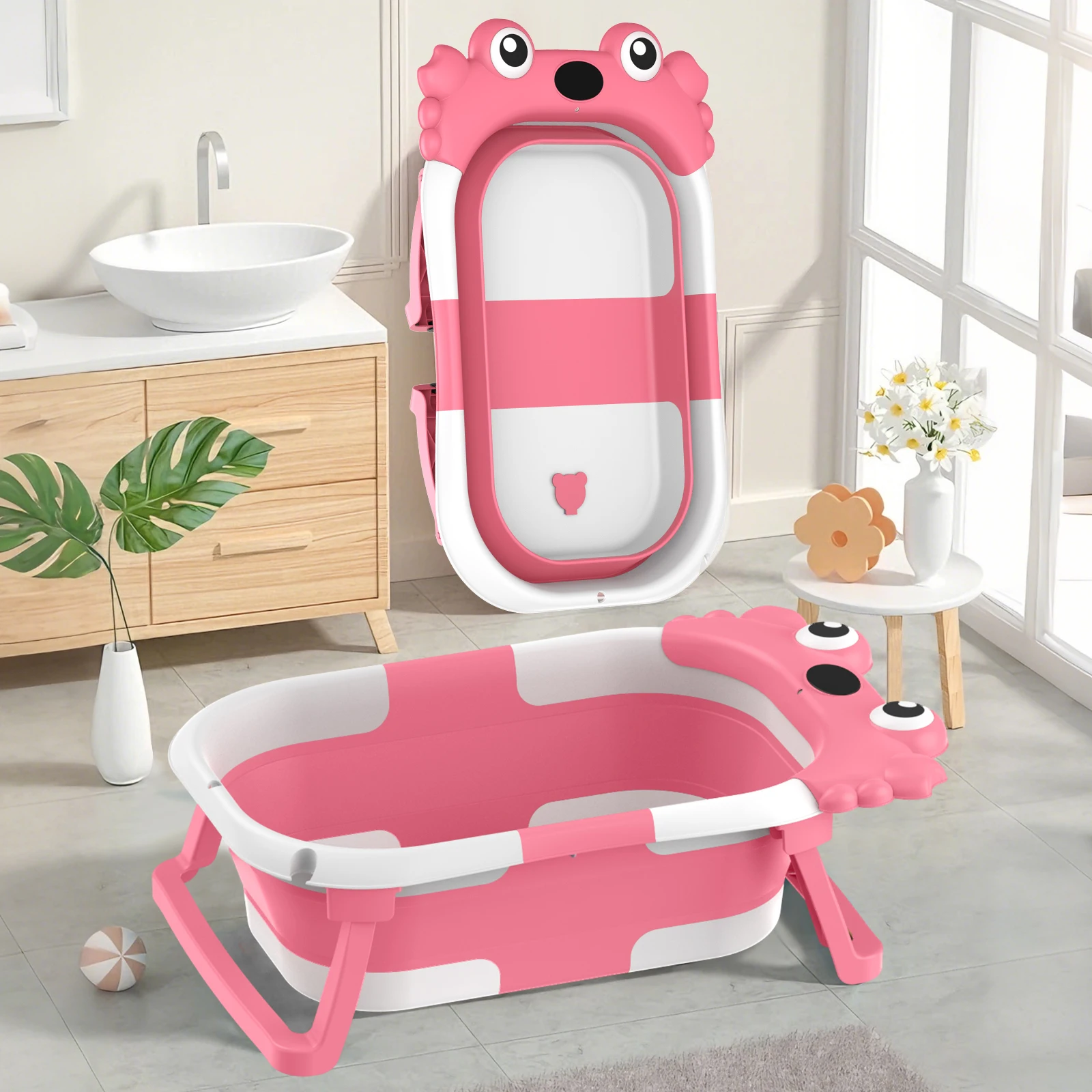 Crab Cartoon Collapsible Baby Bathtub for Newborn with Thermometer & Soft Floating Cushion for Newborn Baby Bath Tub,Infant Bath Tub with bath mat