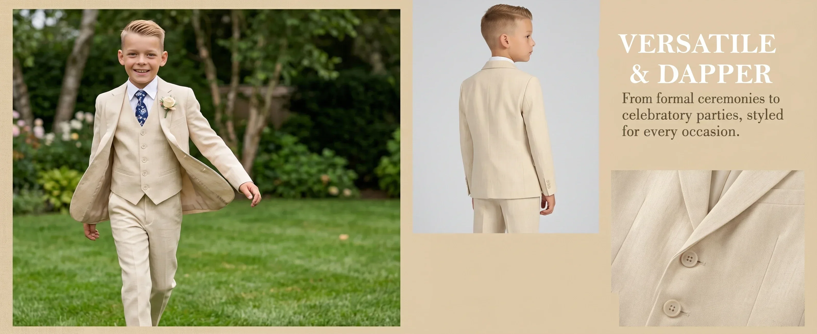 4Pcs Boys Linen Suit Set Kids Grey Blazer Vest Pants Necktie Outfit 3-14T Children Costume Wedding Birthday Recital Formal Suit