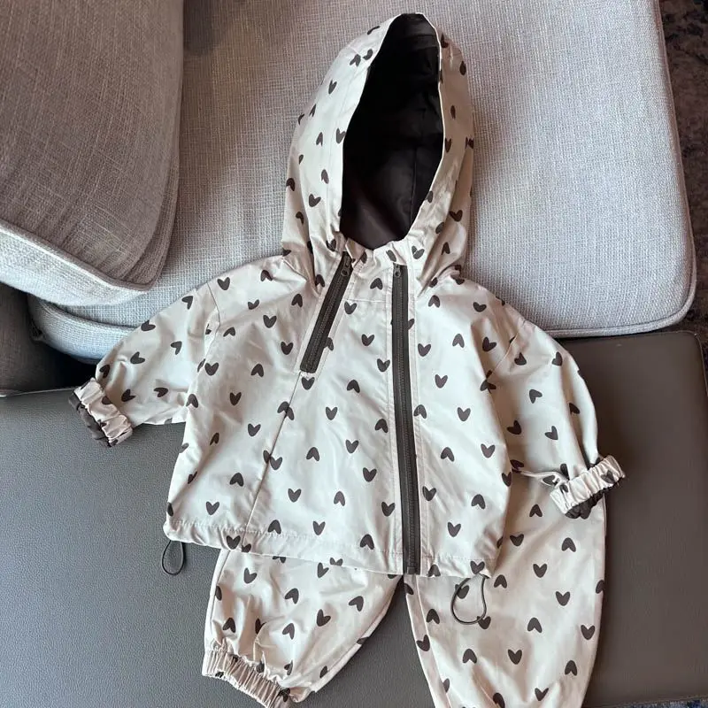 2026 New Autumn Children Outdoor Sets Hooded Jackets Printed Pants 2pcs Toddlers Kids Windproof Outfits