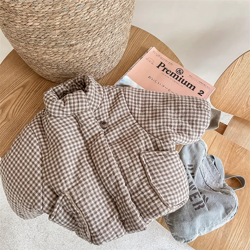 2026 New Winter Toddlers Kids Plaid Thicken Coats Korean Style Fleece Lining Children Warm Outerwear