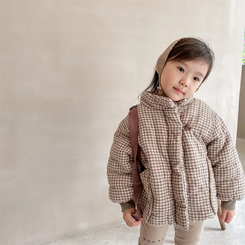 2026 New Winter Toddlers Kids Plaid Thicken Coats Korean Style Fleece Lining Children Warm Outerwear