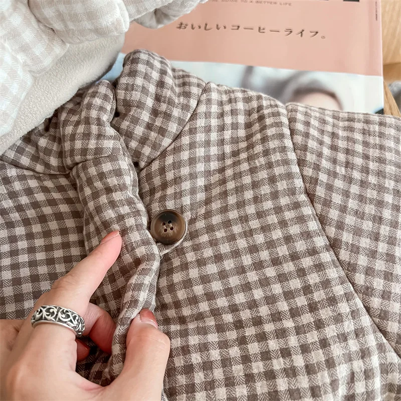 2026 New Winter Toddlers Kids Plaid Thicken Coats Korean Style Fleece Lining Children Warm Outerwear