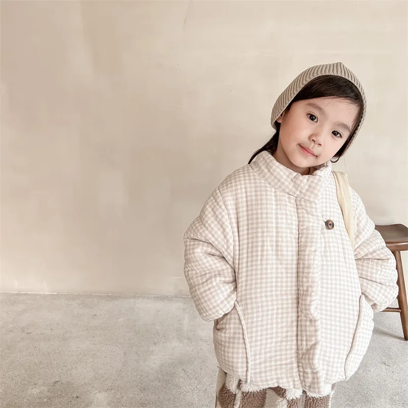 2026 New Winter Toddlers Kids Plaid Thicken Coats Korean Style Fleece Lining Children Warm Outerwear