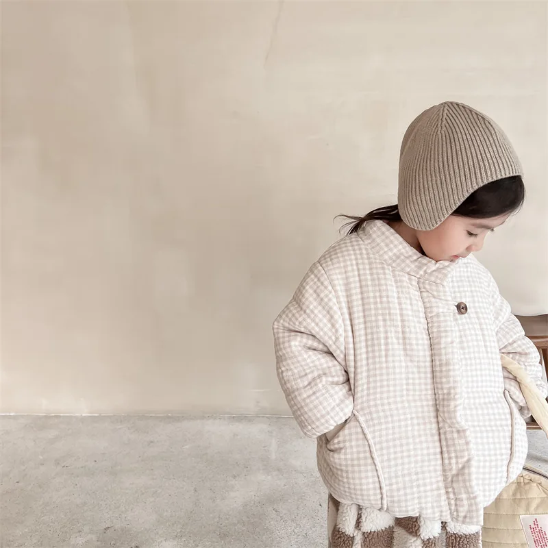 2026 New Winter Toddlers Kids Plaid Thicken Coats Korean Style Fleece Lining Children Warm Outerwear