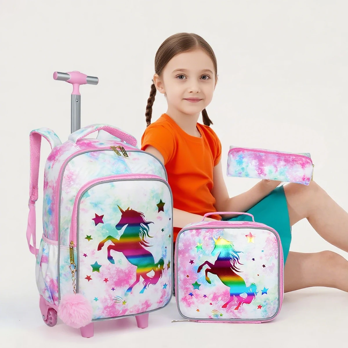 3PCS Kids Travel Bag, Luggage Bag, Bookbag with Wheels, with Lunch Box And Pen Bag, Pink Cartoon Unicorn, Nighttime Reflective