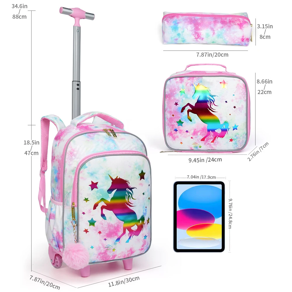 3PCS Kids Travel Bag, Luggage Bag, Bookbag with Wheels, with Lunch Box And Pen Bag, Pink Cartoon Unicorn, Nighttime Reflective