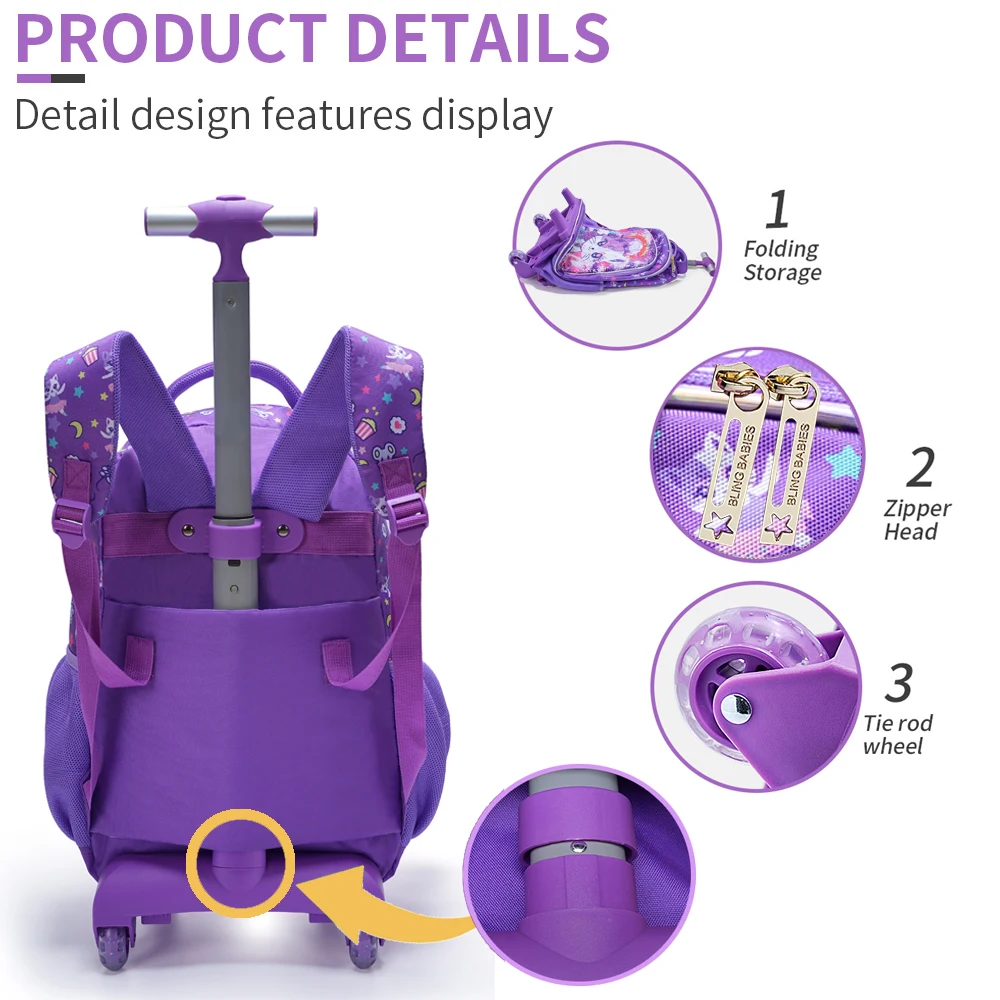 3PCS Kids Travel Bag, Luggage Bag, Bookbag with Wheels, with Lunch Box And Pen Bag, Cartoon Cat Sequin