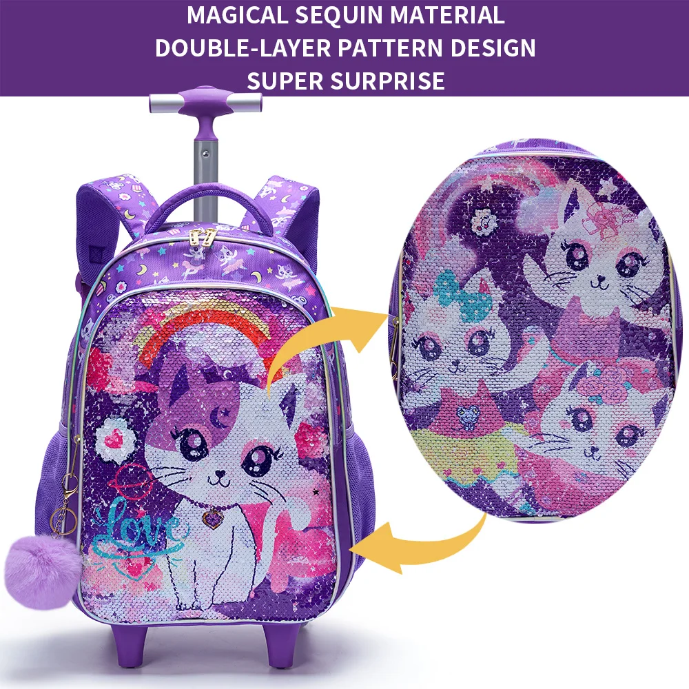 3PCS Kids Travel Bag, Luggage Bag, Bookbag with Wheels, with Lunch Box And Pen Bag, Cartoon Cat Sequin