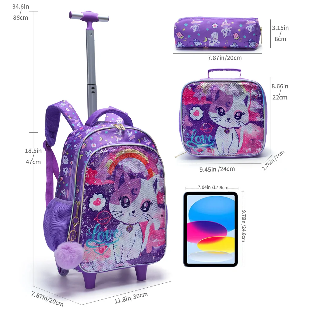 3PCS Kids Travel Bag, Luggage Bag, Bookbag with Wheels, with Lunch Box And Pen Bag, Cartoon Cat Sequin